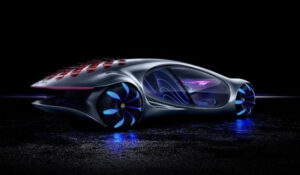 Coche futurista con diseño aerodinámico y luces LED azules, representando Noticias Auto.