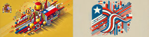 Gráfico abstracto representando las relaciones económicas España-Chile, con colores rojo, azul y blanco de la bandera chilena, enfocando en crecimiento económico y libre comercio.