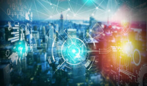 Interfaz tecnológica futurista sobre un fondo urbano, representando Noticias Innovación.