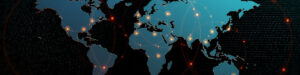 Mapa digital mundial con nodos de conexión, representando noticias internacional y noticias comercio internacional.