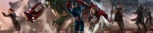 Personajes de los Vengadores en una épica escena de acción, destacando a Hulk, el Capitán América, Thor, Viuda Negra, Iron Man, Ojo de Halcón y Nick Fury.