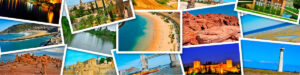 Collage de imágenes de destinos de vacaciones alrededor del mundo, mostrando playas, monumentos históricos y paisajes naturales, ideal para ilustrar los mejores destinos para vacaciones.