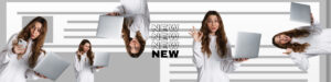 Mujer usando un portátil en diferentes poses, con la palabra "NEW" repetida, ilustrando SpykPress las mejores páginas de noticias.