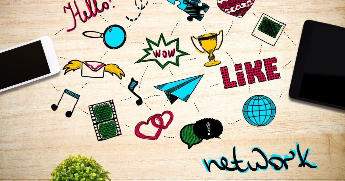 Ilustraciones coloridas representando una plataforma de redes sociales con iconos de mensajes, premios, globos terráqueos y símbolos de música, destacando la importancia de ofertas de trabajo en LinkedIn.