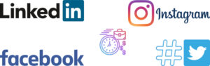 Logotipos de plataformas de redes sociales como LinkedIn, Instagram, Facebook y Twitter, destacando su relevancia para encontrar ofertas de trabajo y compartir contenido.