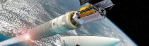 Imagen del lanzamiento del Telescopio Espacial James Webb, mostrando el cohete en pleno despegue sobre la Tierra. La foto subraya la colaboración entre la NASA y la Agencia Espacial Canadiense, enfocada en ampliar nuestra comprensión del universo mediante el estudio de galaxias y estrellas.