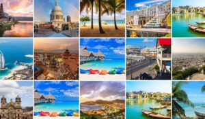 Collage de destinos turísticos icónicos del mundo, representando Noticias Turismo.