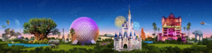Vacaciones Walt Disney: Vista de las atracciones icónicas de Walt Disney World en Orlando, incluyendo el Castillo de Disney, Epcot y el Árbol de la Vida de Animal Kingdom.